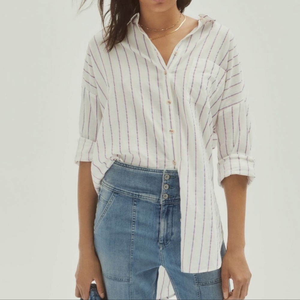 Pilcro and the Letterpress White Button-Down Shirt with Thin Purple Stripes